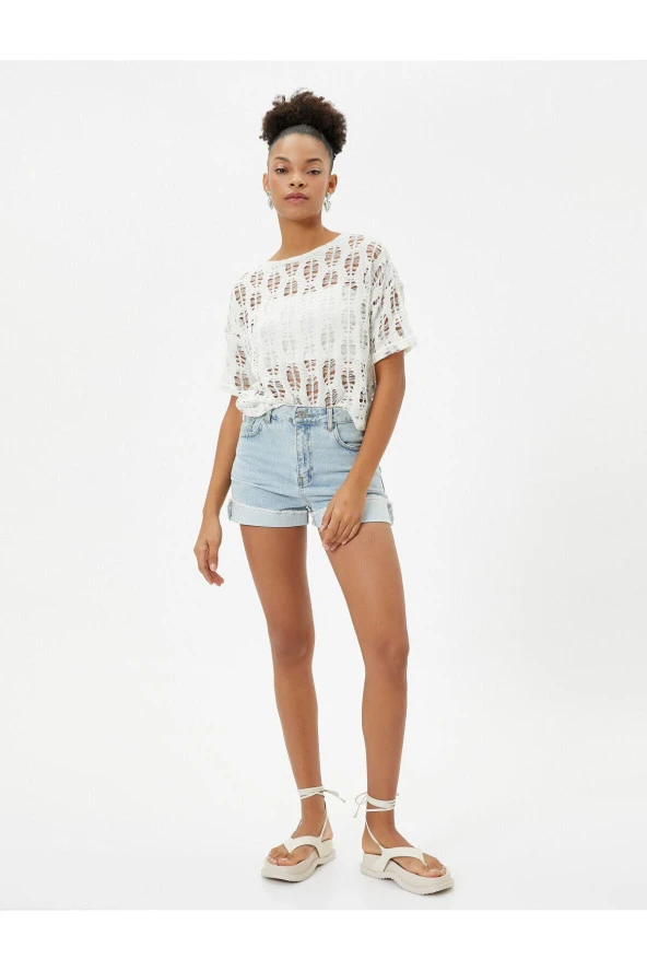 Ajurlu Crop Tişört Kısa Kollu Yuvarlak Yaka - Resim 8