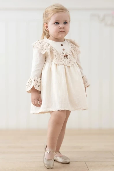 Kız Bebek Elbise Kız Çocuk Elbise Doğum Günü Parti Düğün Keten Uzun Kollu Astarlı Elbise - 7