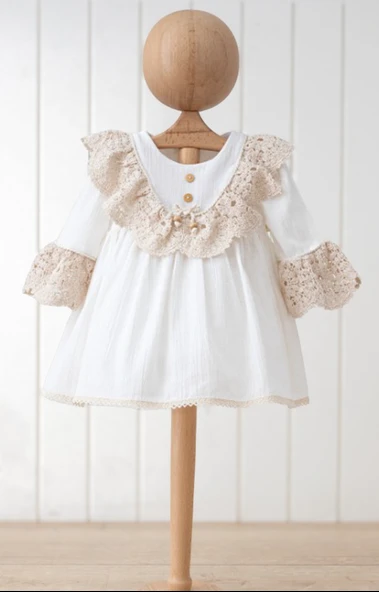 Kız Bebek Elbise Kız Çocuk Elbise Doğum Günü Parti Düğün Keten Uzun Kollu Astarlı Elbise