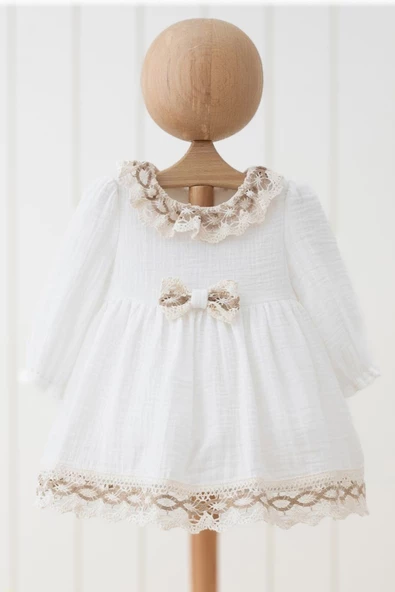 Kız Bebek Elbise Kız Çocuk Elbise Doğum Günü Parti Düğün Keten Uzun Kollu Astarlı Elbise - 5