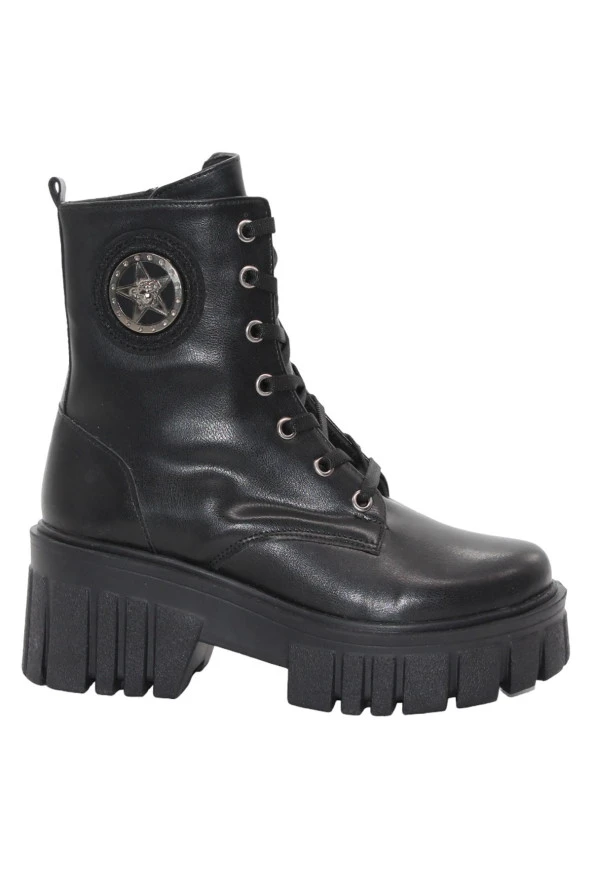 Mergenshoes 3086 Siyah Fermuarlı Bağcıklı Kadın Bot Ayakkabı
