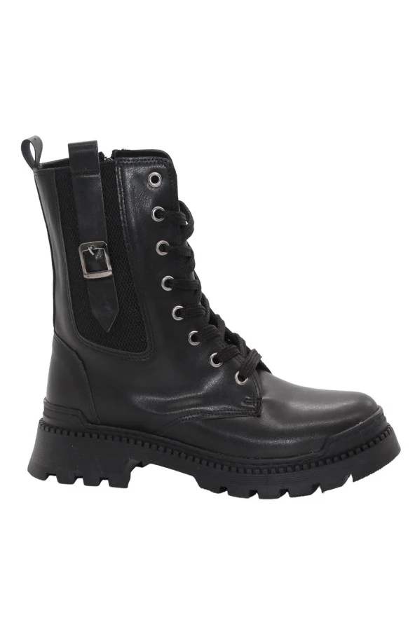 Mergenshoes 3084 Siyah Fermuarlı Bağcıklı Kadın Bot Ayakkabı