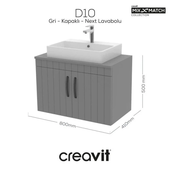 Creavit D10 Next Lavabo Dolabı Kapaklı 80 cm Kül Gri Lake Kapak