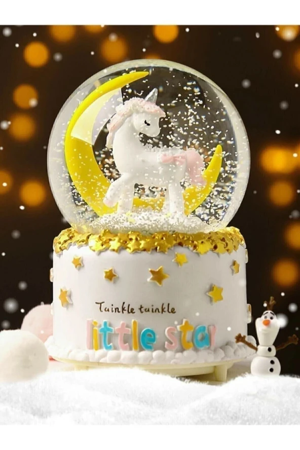 Sevgiliye Hediye Little Star Gökkuşağı Unicorn Kar Küresi Orta Boy Işıklı Müzikli 12cm