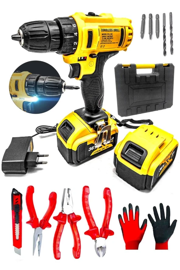 Moonshop 36 Matkap Watt Çift Batarya Pense Yan Keski Kargaburnu Falçata Eldiven Çanta Hediyeli