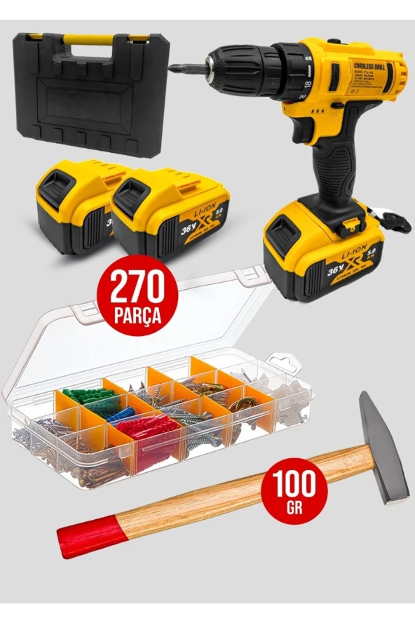 36 Watt Çekiçli Çantalı Vida Setli 276 Parça Çift Bataryalı Darbesiz Matkap...
