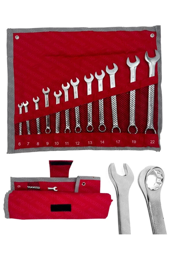 Moonshop 12 Parça Kombine Anahtar Takımı Seti Bez Çantalı Hindistan Menşei Çelik Anahtar 6-22