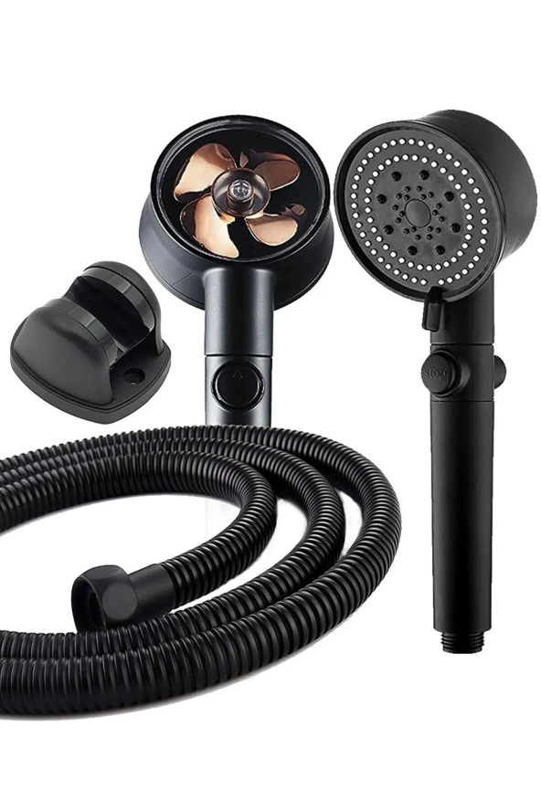 Moonshop 3'Lü Set Siyah 5 Fonksiyonlu Turbo Jet Pervaneli Duş Başlığı Örgülü Hortum Ve Askı - 4