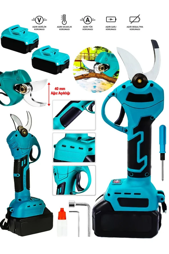 Moonshop 256 Vf Çift Akülü Çelik Şanzuman Göstergeli Şarjlı Dal Ağaç Kesme Bağ Budama Makası 40 Mm