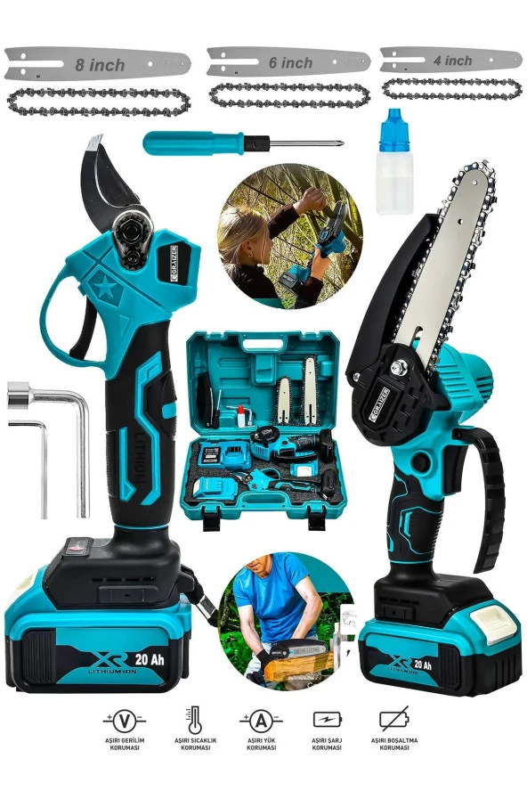 Moonshop 2 Li Set 128 Vf 10 Ah Çift Akülü Bakır Sargı Çelik Şanzuman Şarjlı Dal Ağaç Kesme Bağ Budama Makası