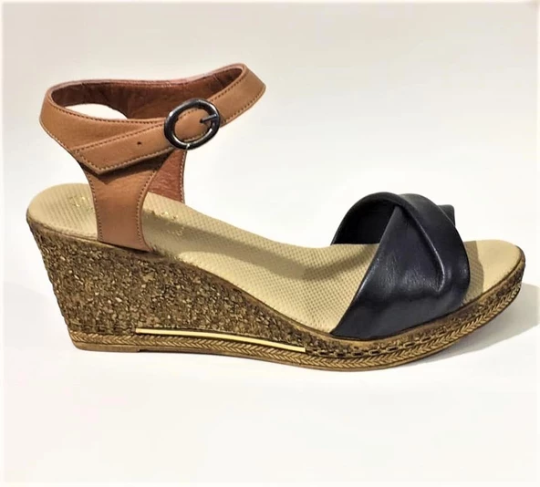 Emani 785 Kadın Siyah Bej Özel Üretim Dolgu Topuklu Deri Topuklu Sandalet - 2