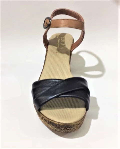 Emani 785 Kadın Siyah Bej Özel Üretim Dolgu Topuklu Deri Topuklu Sandalet - 4