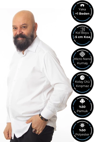 Beyaz 4 Drop Ekstra Büyük Yaka Rahat Kesim Micro Kumaş Kol Düğmeli Regular Fit Erkek Gömlek // 189-1-DC24X - Resim 2