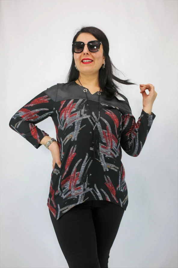 2840 Omuz Deri Detaylı Desenli Aksesuarlı Bluz - 3