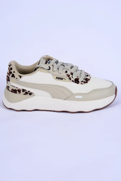 Puma 396437-01 Runtamed Platform Drama Fileli Deri Detaylı Leopar Desen Ortopedik Taban Bağcıklı Hafif Esnek Krem Günlük Kadın Spor Ayakkabı
