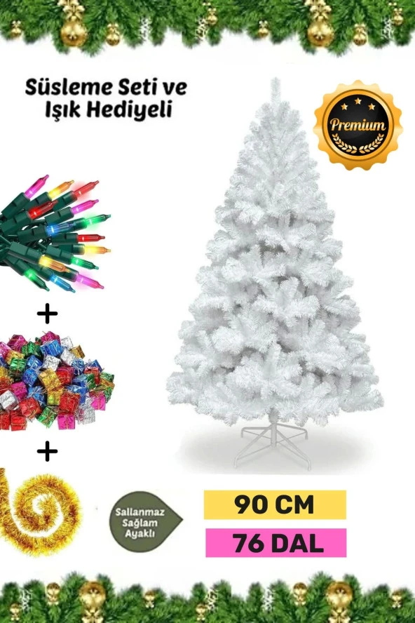 Premium Süsleme Seti Yılbaşı Beyaz Çam Ağacı Renkli Işığı Yeni Yıl Süsleri Noel Paketi 90 Cm 76 Dal