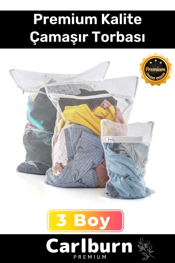 Premium Seri Kalite Yıkama Renkli Fermuarlı Fileli Çamaşır Torbası Kirli Temiz Sepeti 3 Adet