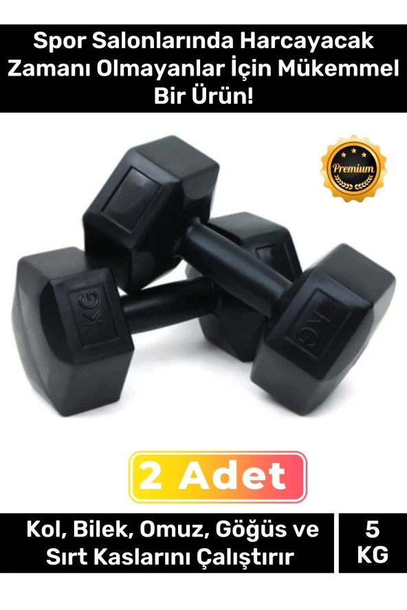 Plastik Köşeli Spor Egzersiz Vücut Kas Geliştirme Fitness Ağırlık Siyah 5 Kg Dambıl Set - 2 Adet