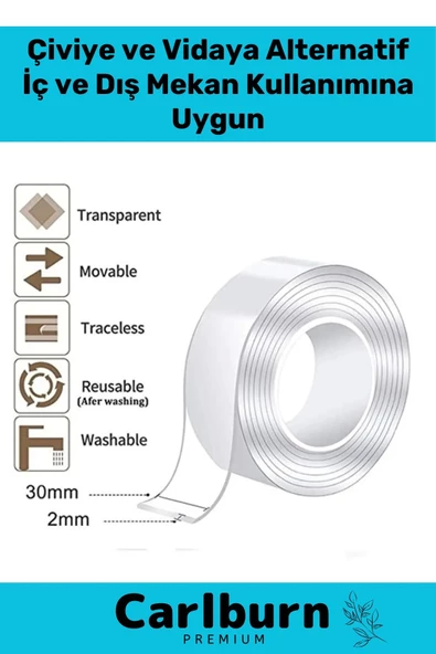 Deluxe Ultra Süper Güçlü Yüksek Mukavemetli Nano Teknolojili Çift Taraflı Şeffaf 1 mt Bant 3 Adet - Resim 2