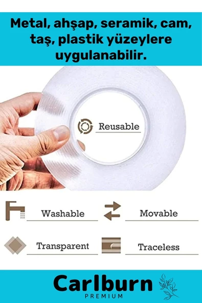 Deluxe Ultra Süper Güçlü Yüksek Mukavemetli Nano Teknolojili Çift Taraflı Şeffaf 1 mt Bant 3 Adet - Resim 3