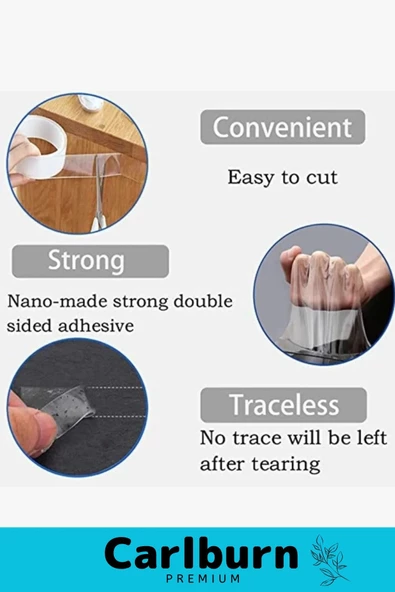 Deluxe Ultra Süper Güçlü Yüksek Mukavemetli Nano Teknolojili Çift Taraflı Şeffaf 1 mt Bant 3 Adet - Resim 5