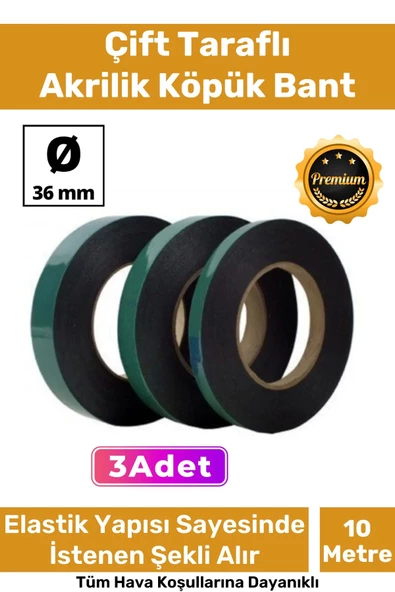Süper Güçlü İz Bırakmayan Elastik Yapılı Çift Taraflı 36mm - 10 Metre Akrilik Köpük Bant - 3 Adet ürün görseli