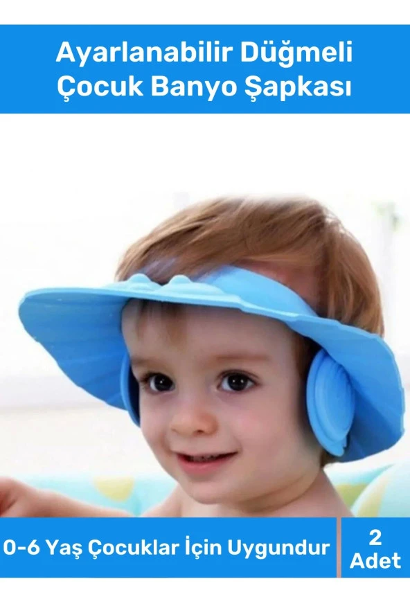 Bebek Duş Başlığı Ayarlanabilir Düğmeli Çocuk Küvet Göze Su Kaçırmayan Mavi Banyo Şapkası - 2 Adet