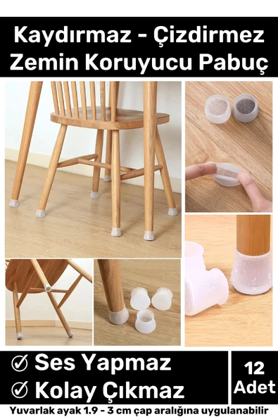 Premium Kaydırmaz Çizdirmez Mobilya Masa Sandalye Zemin Koruyucu Silikon Pabuç Ayak Kılıf 12 Adet