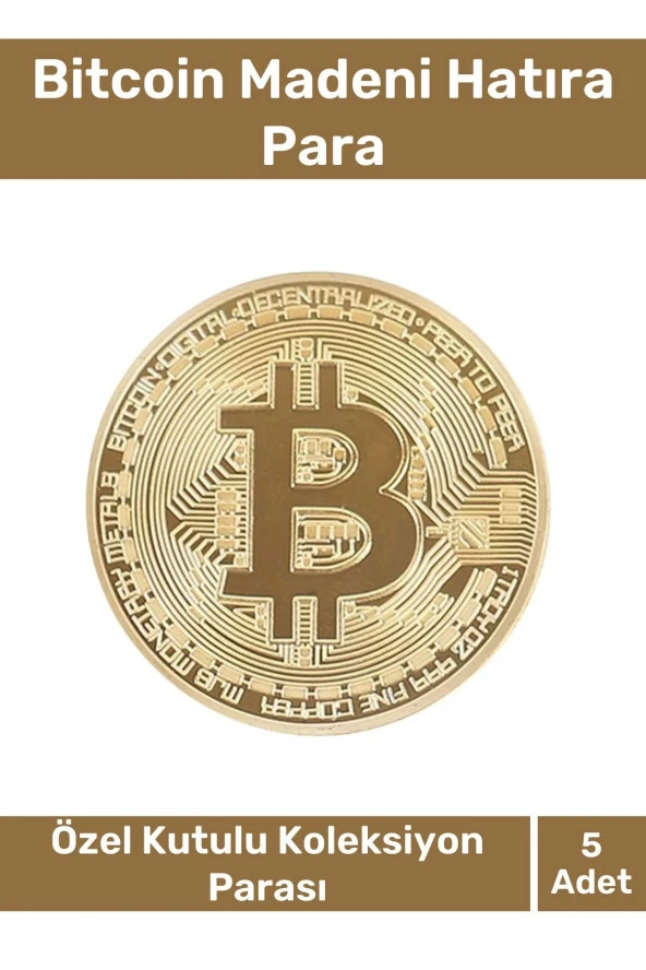 Özel Kutulu Hediyelik Kripto Hatıra Koleksiyon Bitcoin Madeni Para Altın Rengi 5'li Set