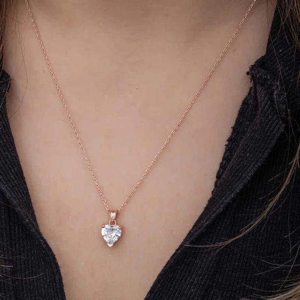 925 Ayar Gümüş Rose Beyaz Taşlı Kalpli Kadın Kolye - Resim 3