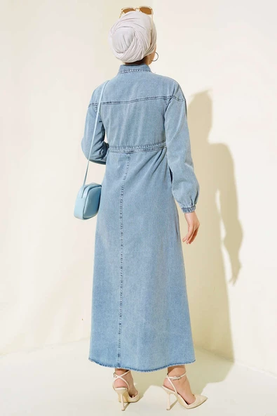 Fermuarlı Gömlek Yaka Kot Elbise Kot Mavisi - 3