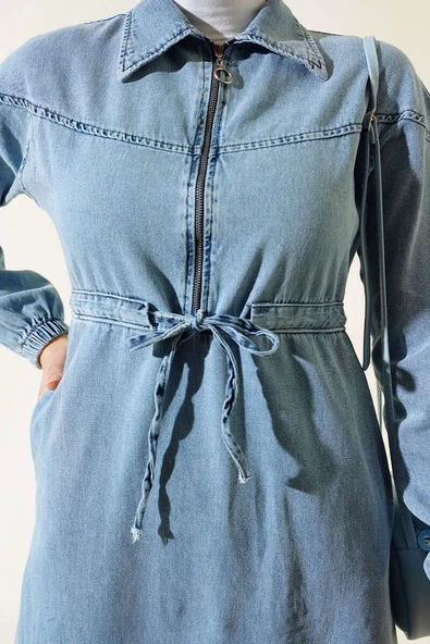 Fermuarlı Gömlek Yaka Kot Elbise Kot Mavisi - 4