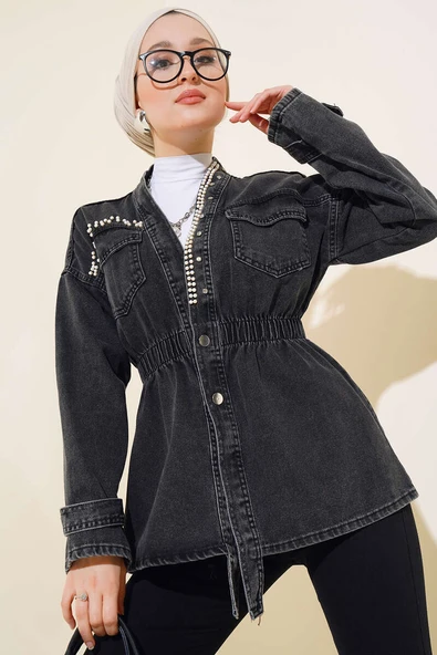 İncili Bel Lastikli Kot Ceket Füme ürün görseli 1