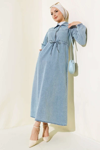 Fermuarlı Gömlek Yaka Kot Elbise Kot Mavisi