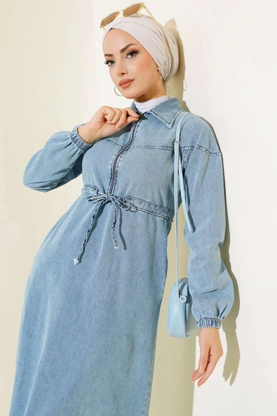 Fermuarlı Gömlek Yaka Kot Elbise Kot Mavisi - 2