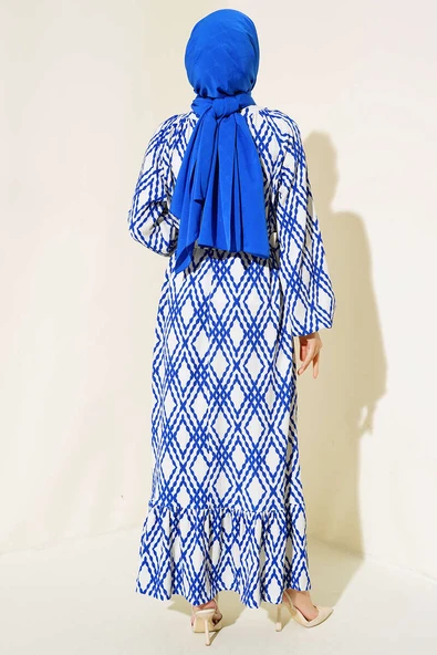 Kuşaklı Desenli Elbise Saks - 3