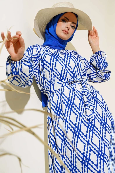 Kuşaklı Desenli Elbise Saks