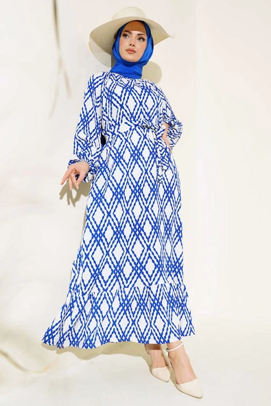 Kuşaklı Desenli Elbise Saks - 2
