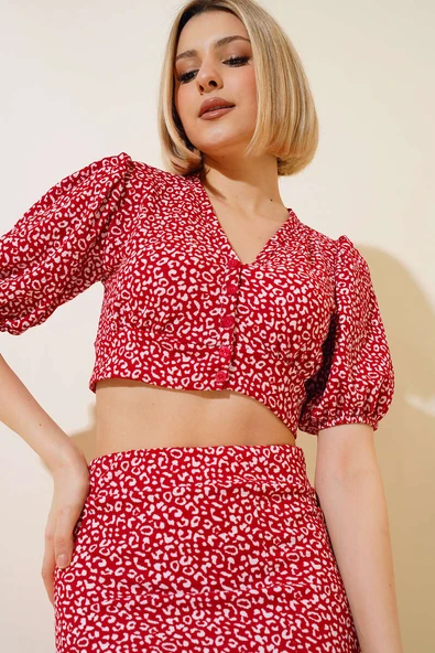 Desenli Etekli Takım Kırmızı - Resim 2