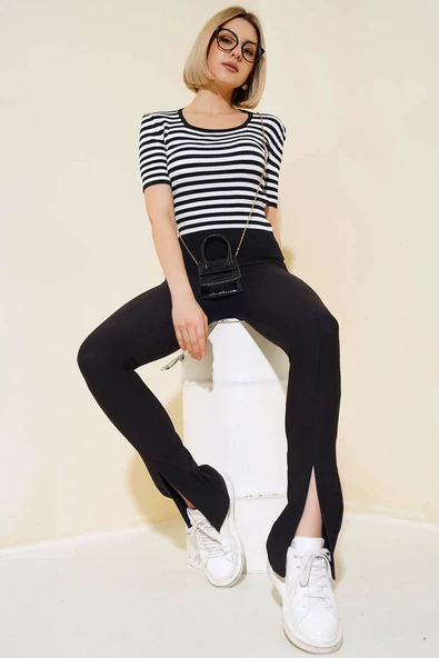 Çizgili Kısa Kol Triko Body Siyah - Resim 2