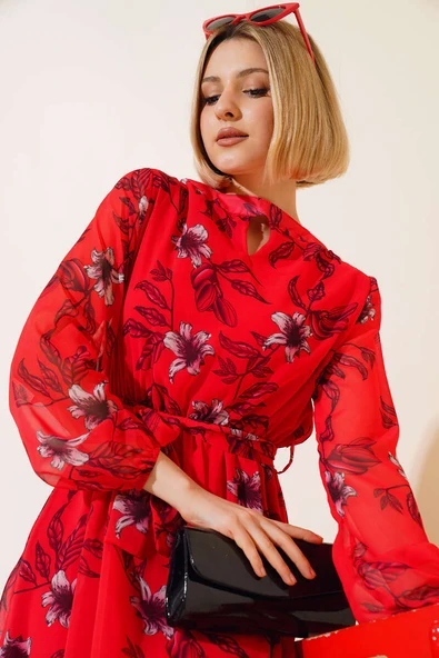 Şifon Çiçek Desenli Elbise Kırmızı - Resim 2