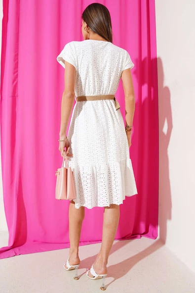 Kruvaze Brodeli Elbise Ekru - Resim 3