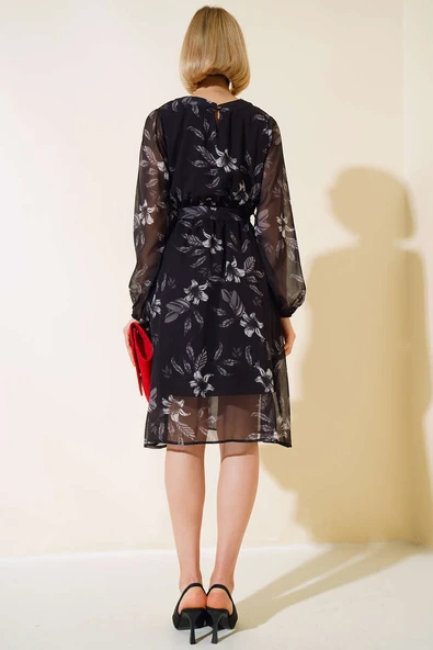 Şifon Çiçek Desenli Elbise Siyah - Resim 3