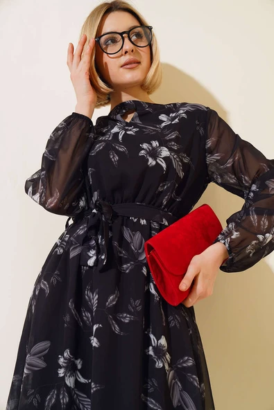 Şifon Çiçek Desenli Elbise Siyah - Resim 2