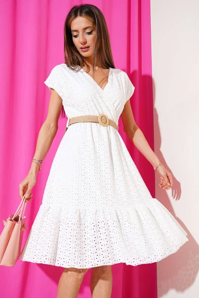 Kruvaze Brodeli Elbise Ekru ürün görseli 1