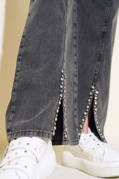 Önü Taşlı Kot Gömlek Takım Füme - Resim 4