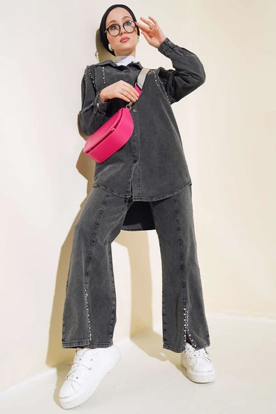 Önü Taşlı Kot Gömlek Takım Füme ürün görseli 1