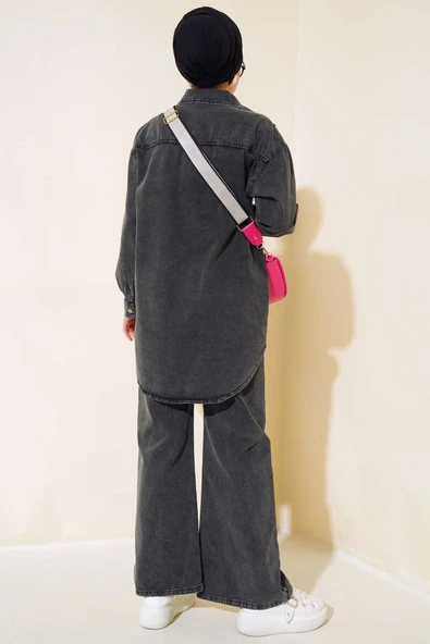 Önü Taşlı Kot Gömlek Takım Füme - Resim 3