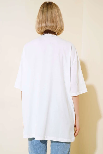 Basıc Oversize T-Shirt Ekru - Resim 3