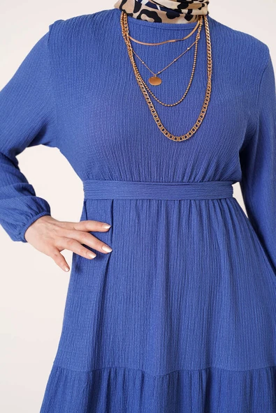 Kat Kat Bürümcük Kuşaklı Elbise İndigo - Resim 4